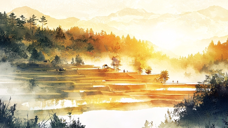高清大图下载【趣麦麦图】日出山林梯田水彩画