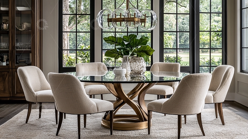 高清大图下载【趣麦麦图】现代轻奢圆形玻璃餐桌