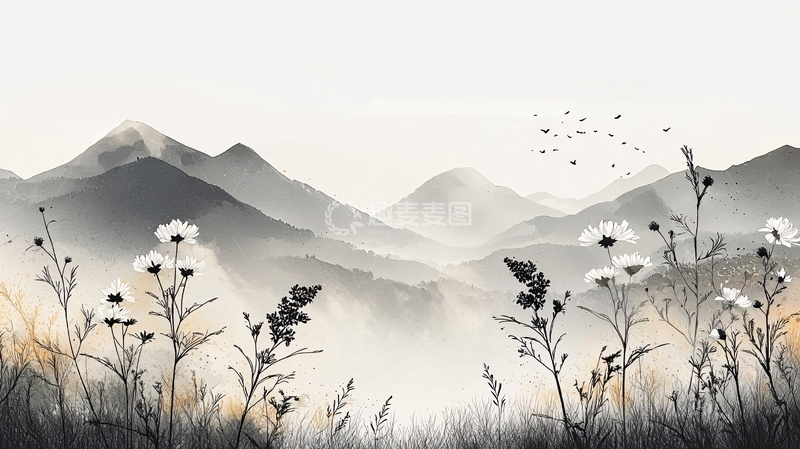 高清大图下载【趣麦麦图】水墨山景花卉图