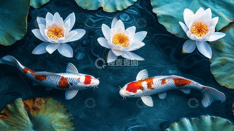 高清大图下载【趣麦麦图】水面上的锦鲤和睡莲