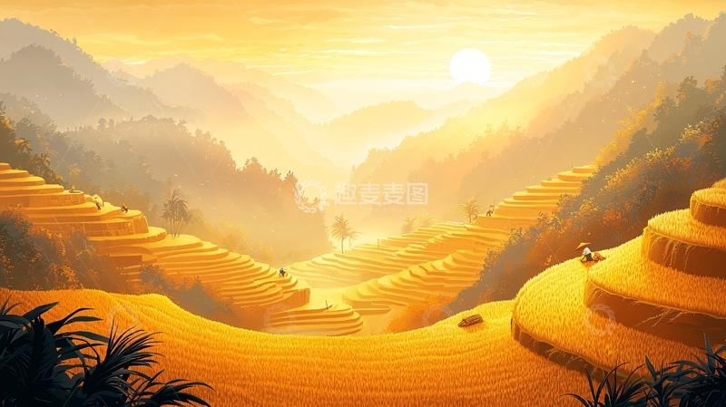 高清大图下载【趣麦麦图】金色梯田日落
