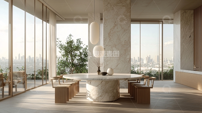 高清大图下载【趣麦麦图】极简风格大理石圆桌餐厅