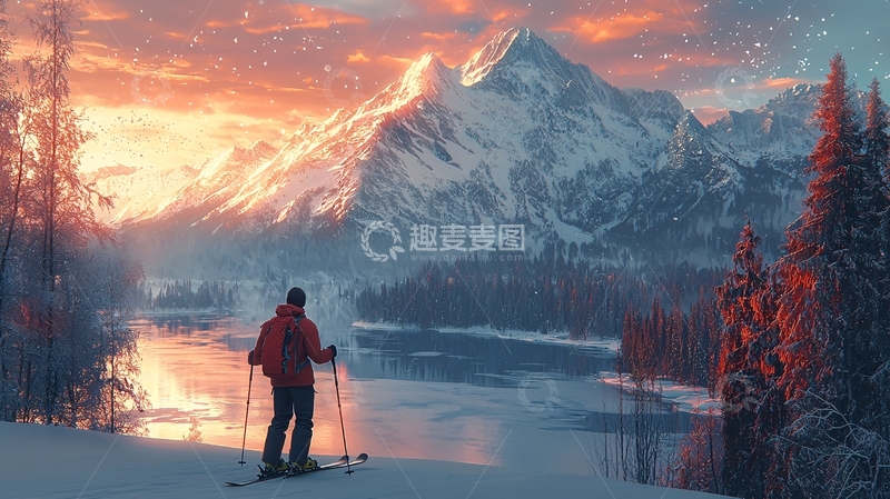 高清大图下载【趣麦麦图】雪山日落滑雪风景