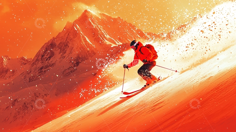 高清大图下载【趣麦麦图】红衣滑雪者雪山日落