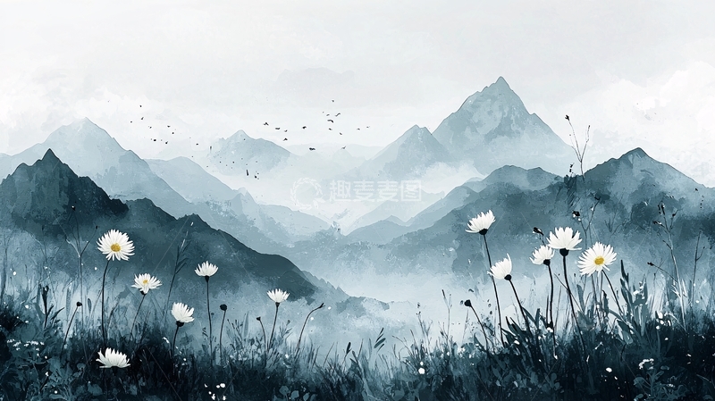 高清大图下载【趣麦麦图】水墨山峦野花
