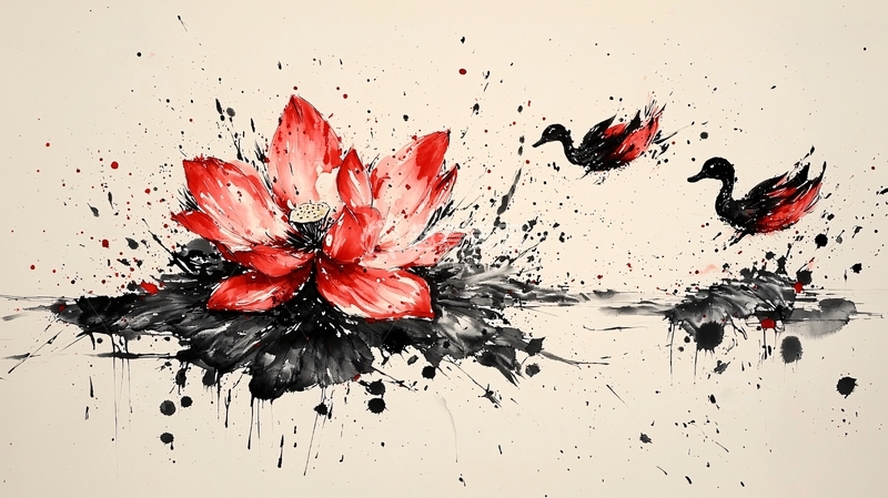 高清大图下载【趣麦麦图】水墨画红莲荷花