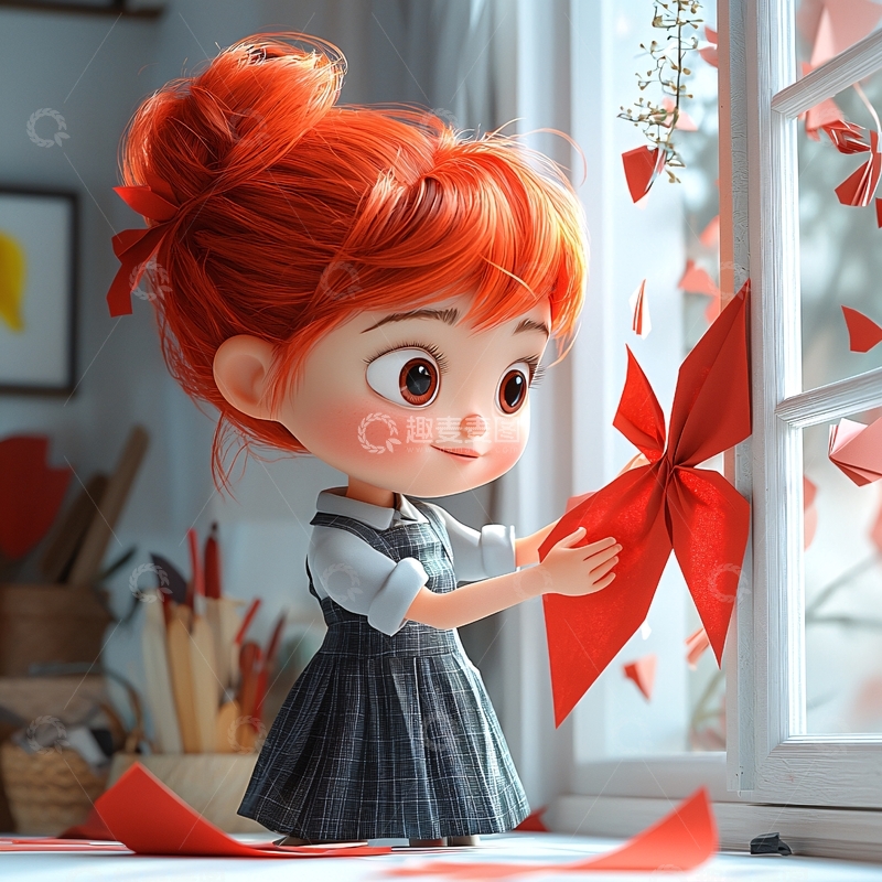 高清大图下载【趣麦麦图】红发女孩制作纸风车