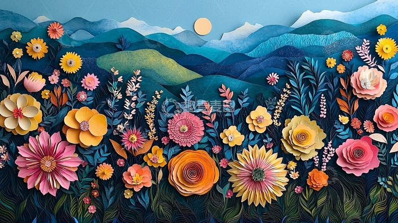 高清大图下载【趣麦麦图】纸艺花卉山峦景色