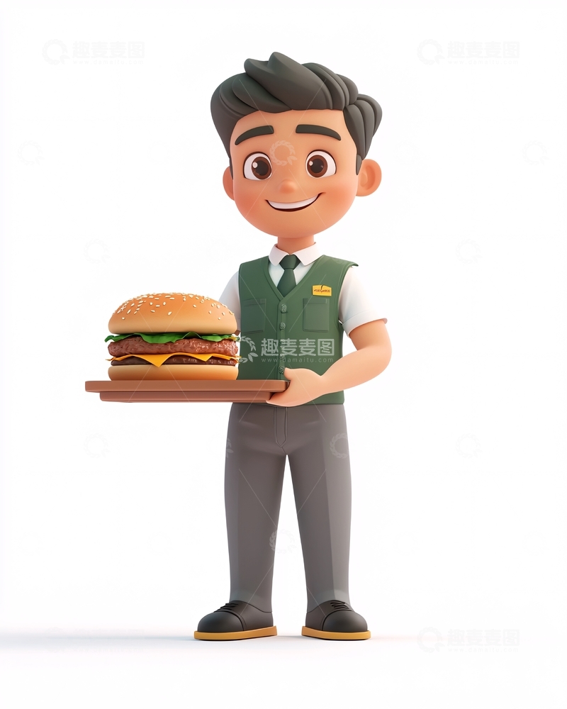 高清大图下载【趣麦麦图】卡通服务员端着汉堡