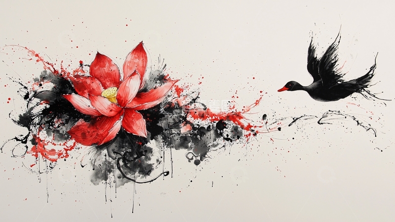 高清大图下载【趣麦麦图】红莲水墨画飞鸟
