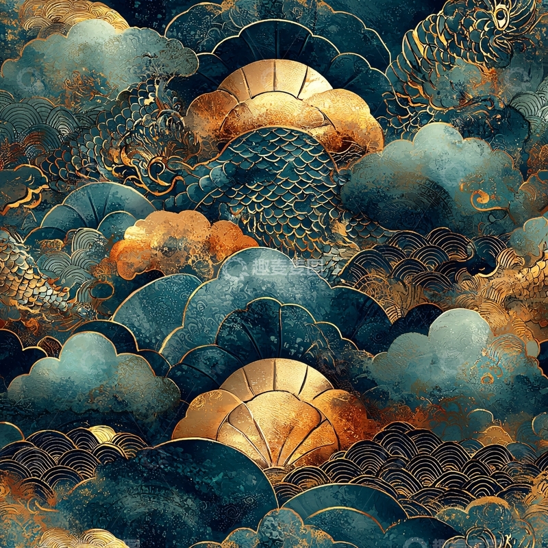 高清大图下载【趣麦麦图】金色鲤鱼戏祥云