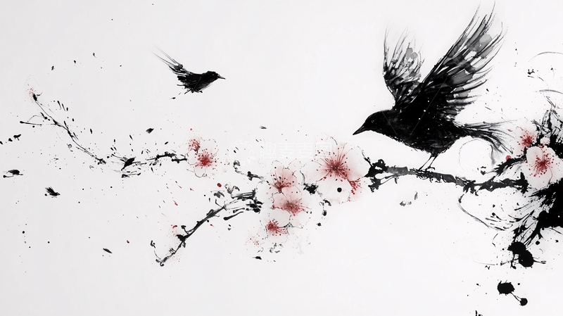 高清大图下载【趣麦麦图】水墨画乌鸦樱花