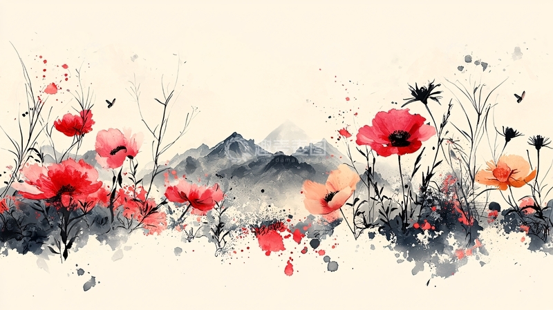 高清大图下载【趣麦麦图】水墨画山峦花卉