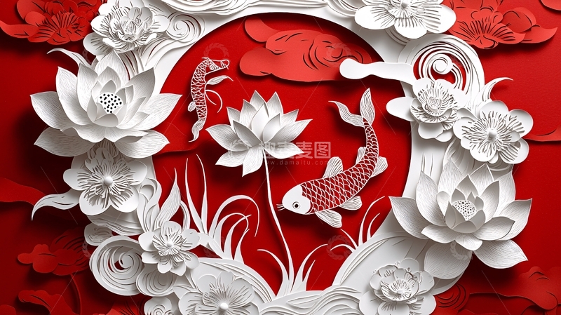 高清大图下载【趣麦麦图】红底白花鲤鱼剪纸