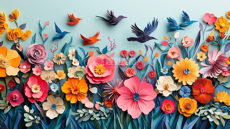 高清大图下载【趣麦麦图】彩色纸艺花鸟