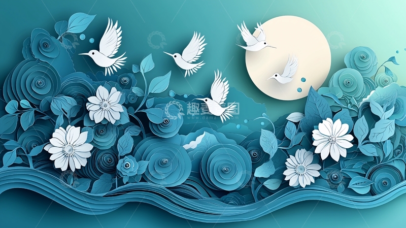 高清大图下载【趣麦麦图】蓝绿色纸艺花鸟月亮背景图