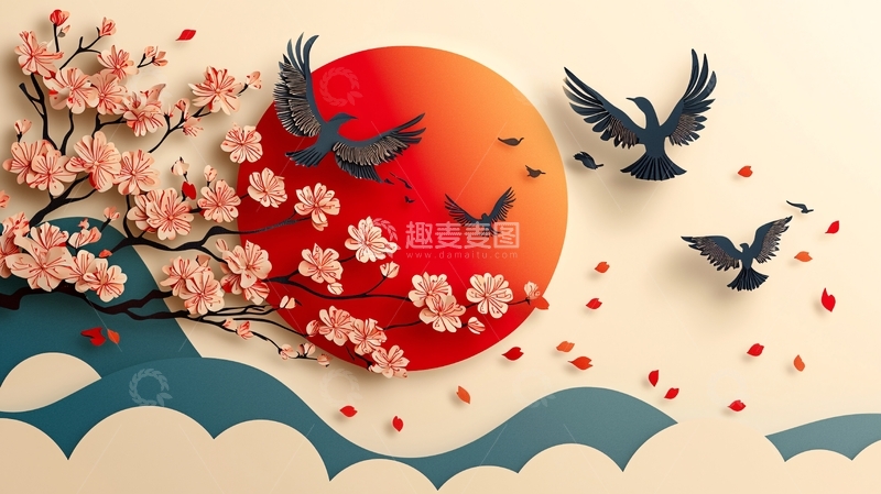 高清大图下载【趣麦麦图】日出樱花飞鸟剪纸