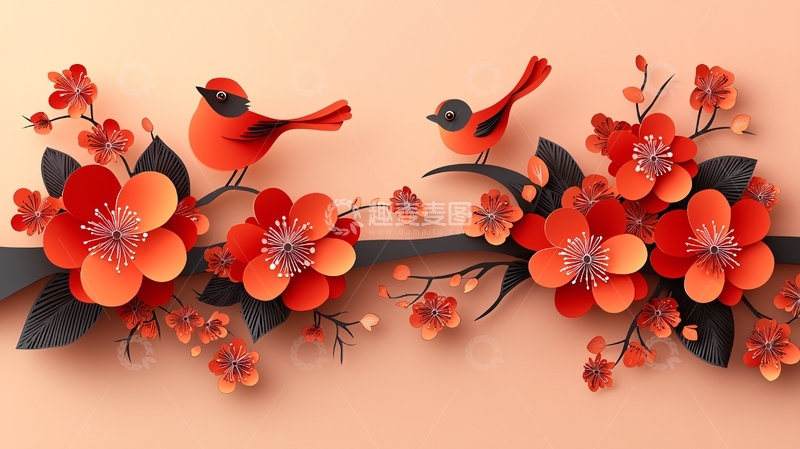 高清大图下载【趣麦麦图】红鸟和红花纸艺剪纸