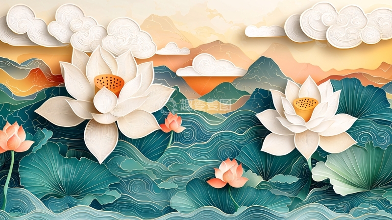 高清大图下载【趣麦麦图】水墨荷花山景壁纸