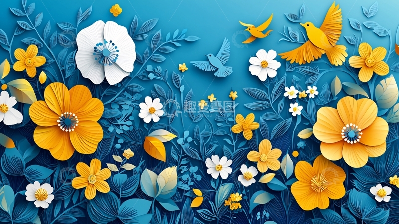 高清大图下载【趣麦麦图】蓝色背景纸艺花鸟