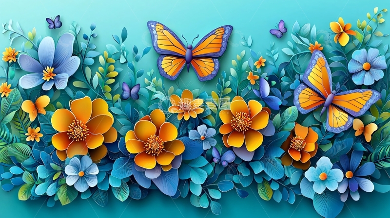 高清大图下载【趣麦麦图】蓝绿色背景花卉蝴蝶壁纸