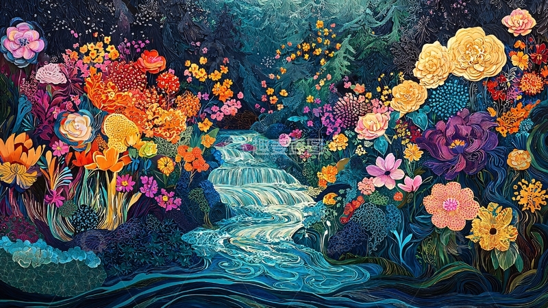 高清大图下载【趣麦麦图】梦幻花海溪流