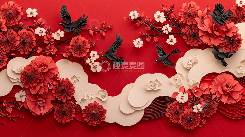 高清大图下载【趣麦麦图】红色花朵剪纸背景
