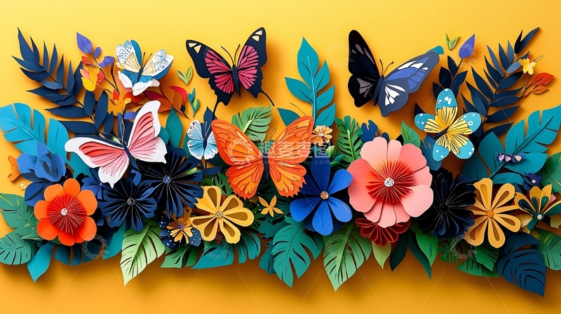 高清大图下载【趣麦麦图】彩色纸艺蝴蝶花卉
