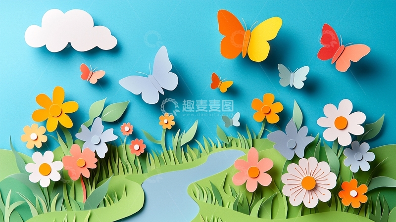 高清大图下载【趣麦麦图】彩色纸艺蝴蝶花朵风景