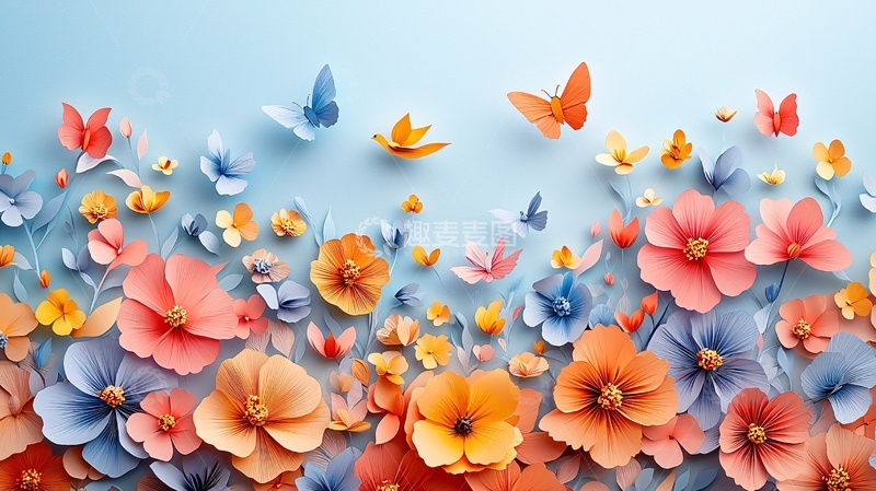 高清大图下载【趣麦麦图】纸艺花卉与蝴蝶背景图