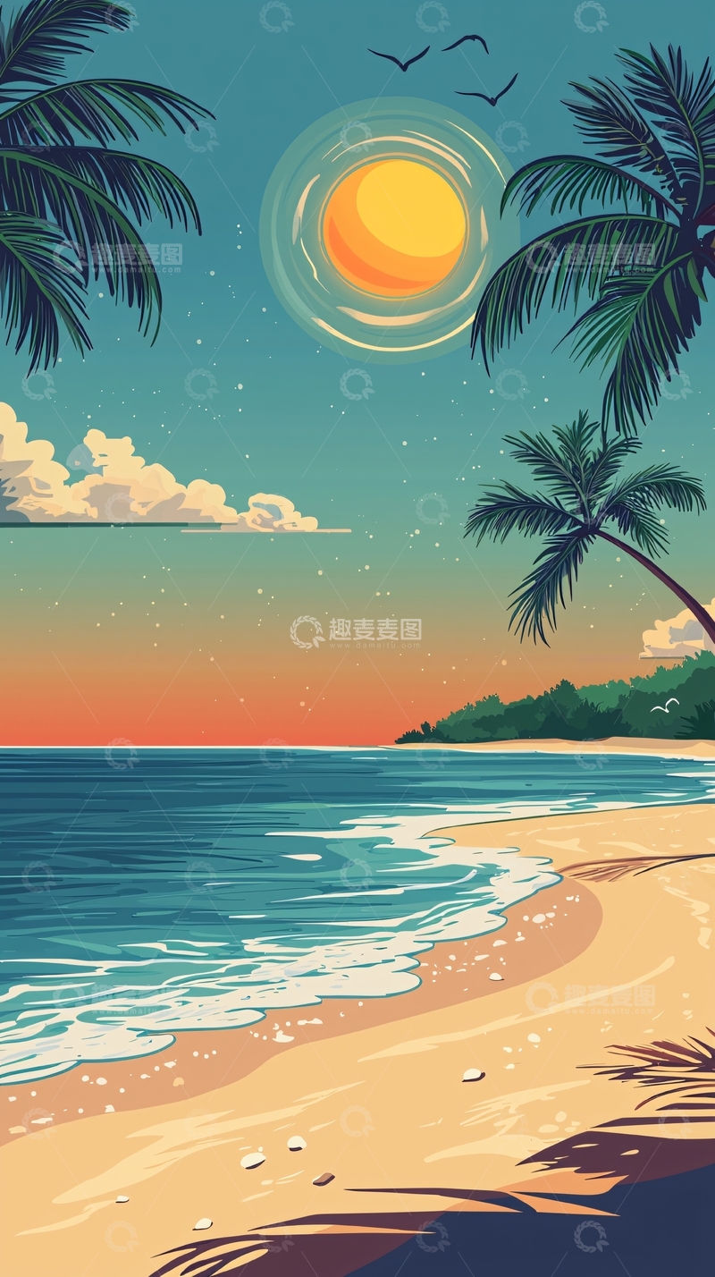 高清大图下载【趣麦麦图】热带海滩落日风景图