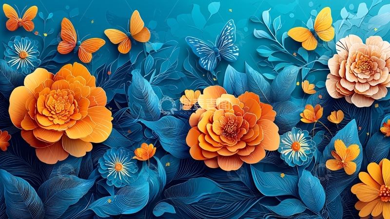 高清大图下载【趣麦麦图】蓝绿色背景下橙色纸艺花朵与蝴蝶