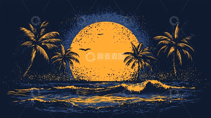 高清大图下载【趣麦麦图】热带海滩日落剪影