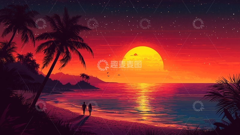 高清大图下载【趣麦麦图】热带海滩落日剪影