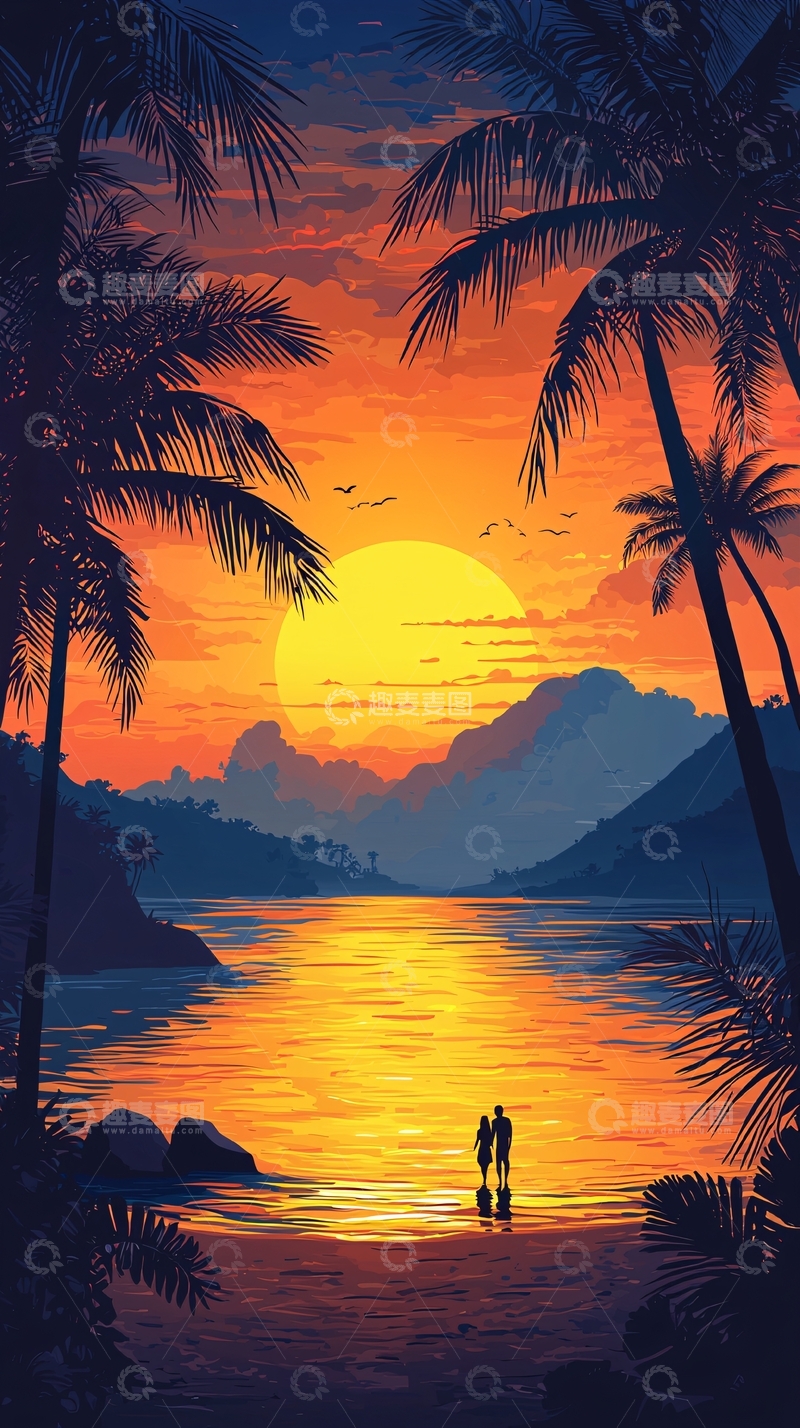 高清大图下载【趣麦麦图】热带海滩落日情侣剪影