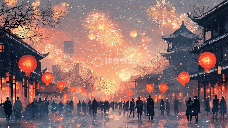 高清大图下载【趣麦麦图】冬夜雪景中国古镇新年烟火