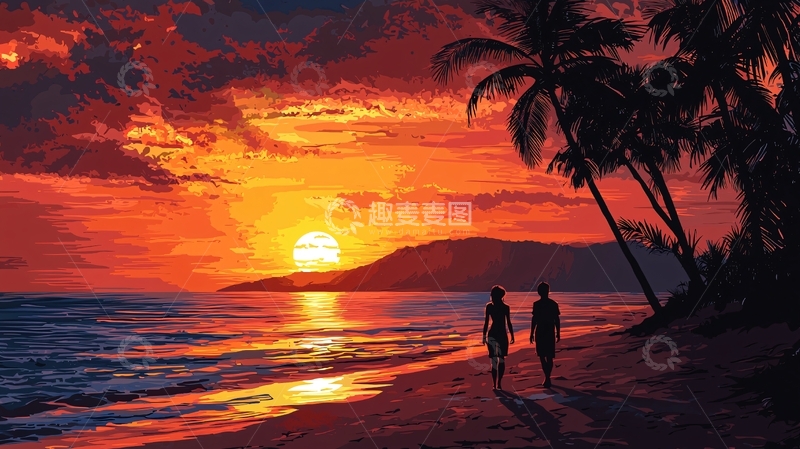 高清大图下载【趣麦麦图】日落海滩情侣剪影