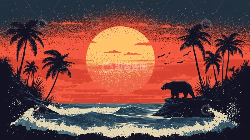 高清大图下载【趣麦麦图】棕熊日落海滩风景