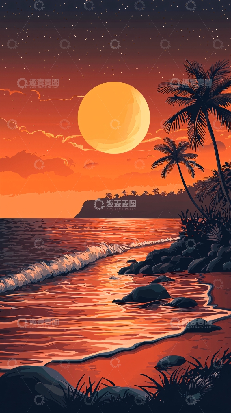 高清大图下载【趣麦麦图】日落海滩棕榈树大月亮