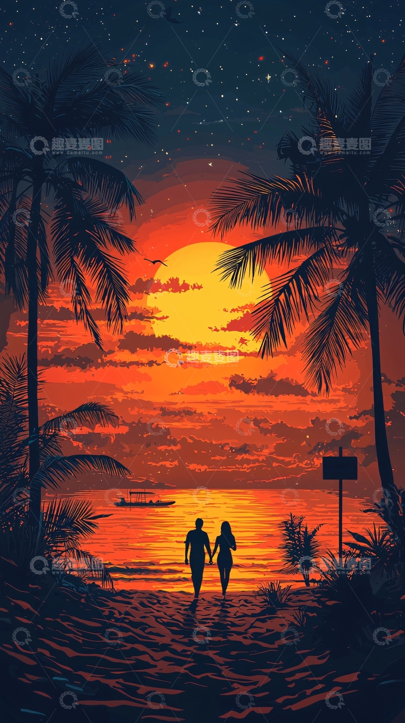 高清大图下载【趣麦麦图】热带海滩日落情侣剪影