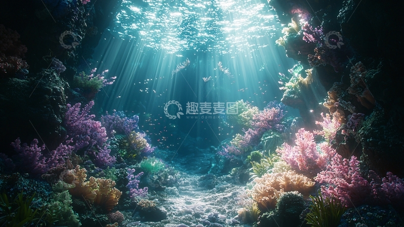 高清大图下载【趣麦麦图】海底洞穴阳光照射珊瑚礁
