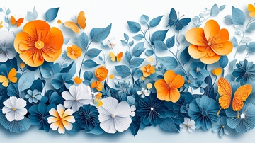 蓝绿色系花卉蝴蝶壁纸