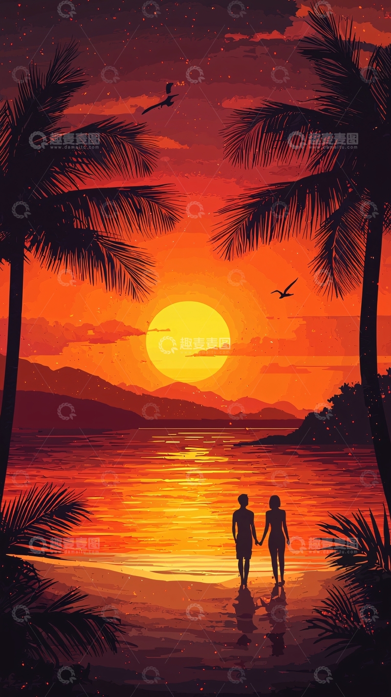 高清大图下载【趣麦麦图】海滩日落情侣剪影