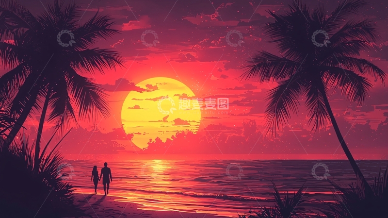高清大图下载【趣麦麦图】热带海滩日落情侣剪影