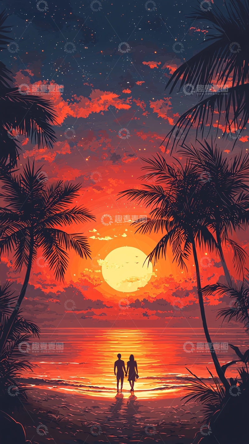 高清大图下载【趣麦麦图】日落海滩情侣剪影