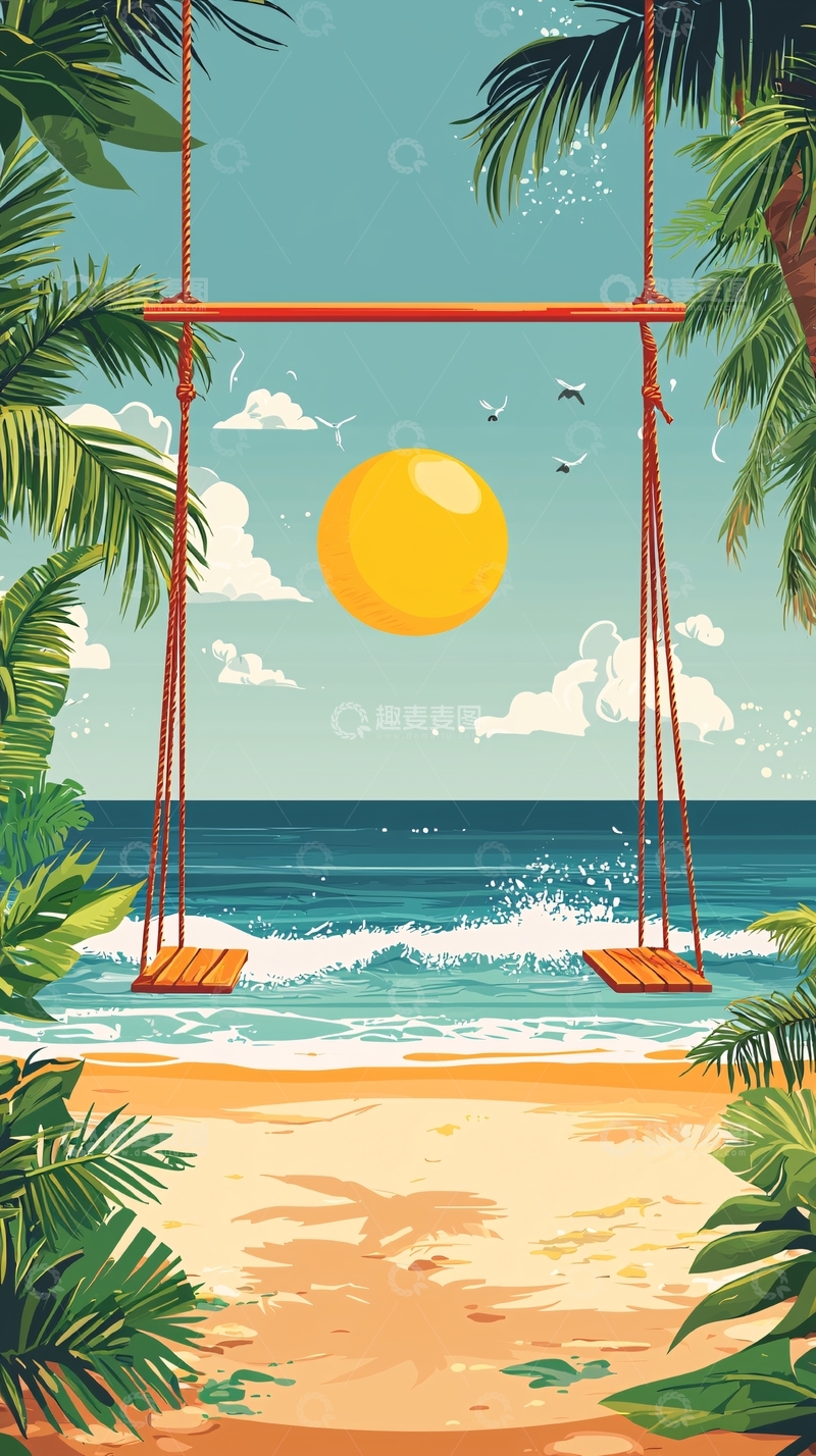 高清大图下载【趣麦麦图】热带海滩秋千风景图