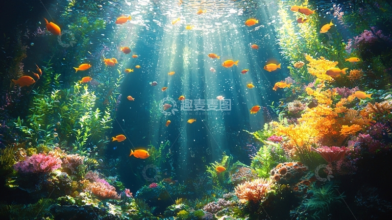高清大图下载【趣麦麦图】阳光透过海水照射珊瑚礁