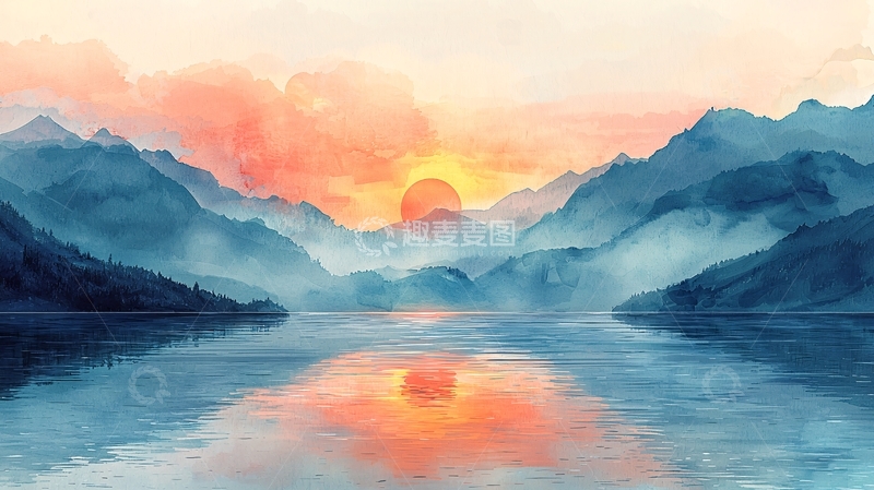 高清大图下载【趣麦麦图】水彩山水画日落