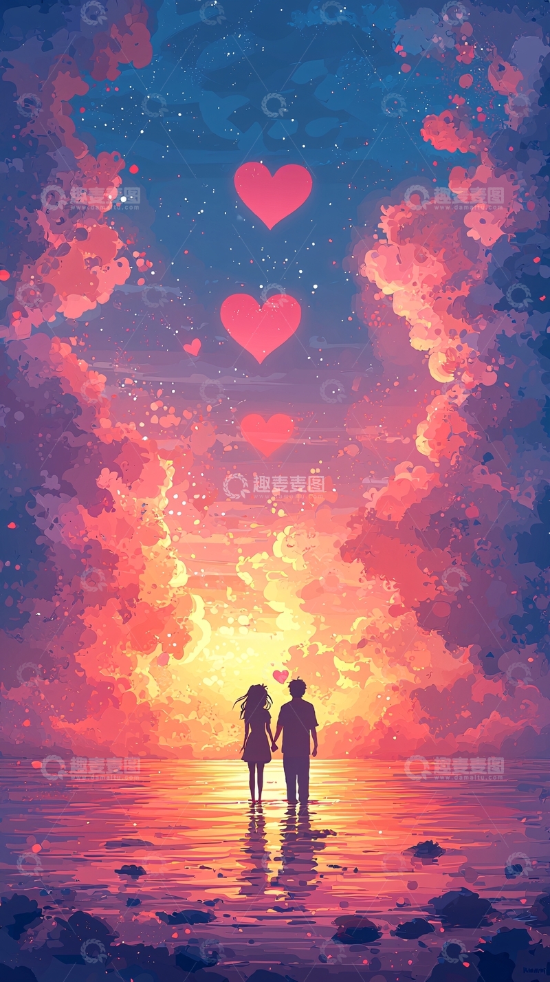 高清大图下载【趣麦麦图】唯美日落情侣剪影