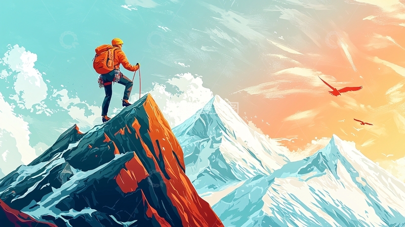 高清大图下载【趣麦麦图】山顶人物远眺雪山日出